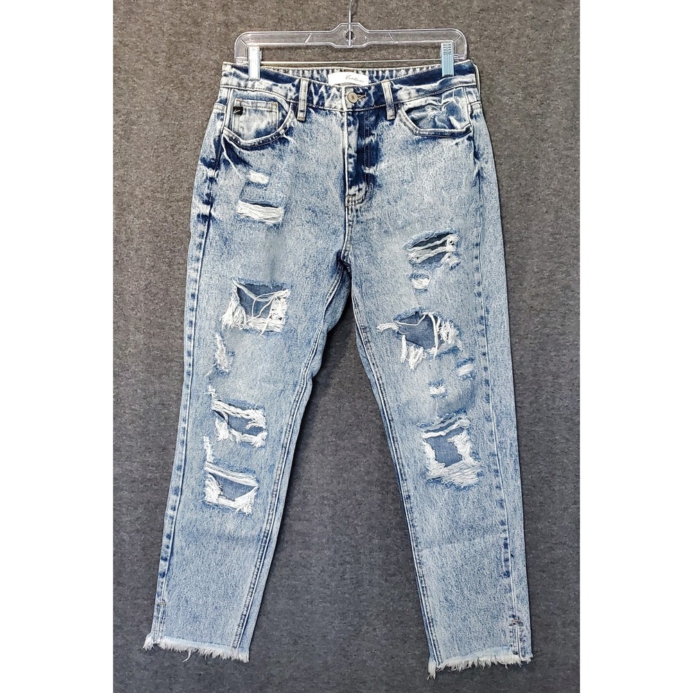 KanCan Jeans Womens 7/27 Blue Acid Wash Distressed High Waist Raw Hem Denim